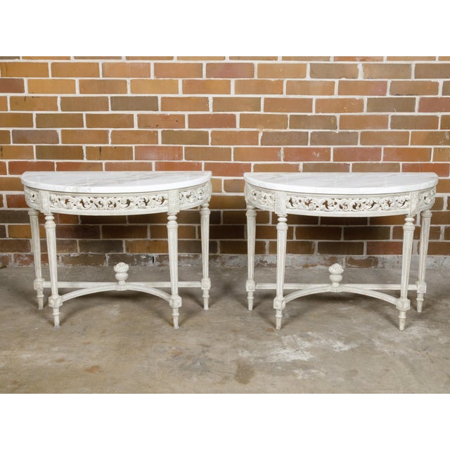 19th Century Pair of French Louis XVI Style Painted Demilune Console Tables with Marble Tops For Sale - Image 5 of 12