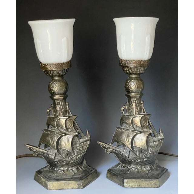 Pair of Antique Art Deco 1921 Cast Nautical Accent Table Lamps W/ Ship & Globe For Sale - Image 12 of 17
