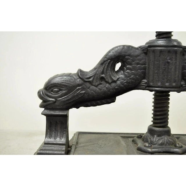 Victorian Antique 19th C. Cast Iron Classical Figural Dolphin Victorian Book Press For Sale - Image 3 of 12