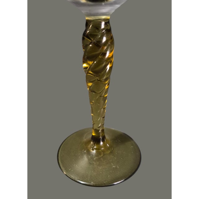 Olive Vintage Four Venetian Hand Blown Twisted Olive Green Glass Stem Liquor Glasses For Sale - Image 8 of 9
