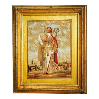 Rare Hand Made Antique Religious Devotional Textile Artwork 19th Century Religious Silkwork Catholic Bishop Saint Home Wall Decor For Sale