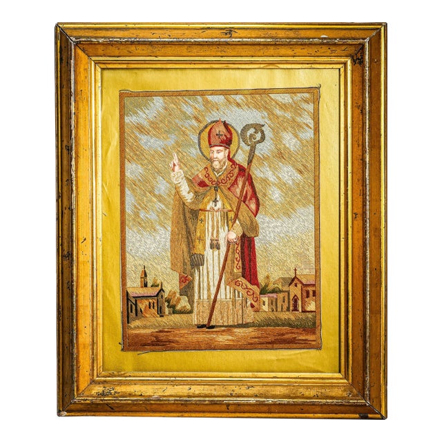 Rare Hand Made Antique Religious Devotional Textile Artwork 19th Century Religious Silkwork Catholic Bishop Saint Home Wall Decor For Sale