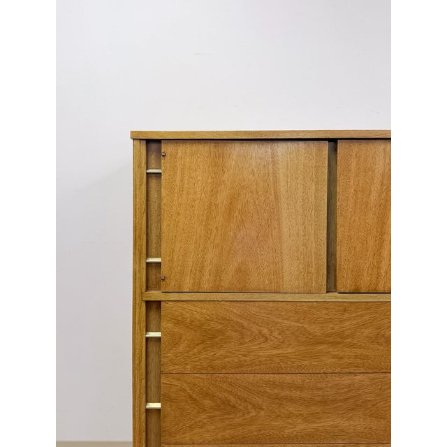 Mid Century Tallboy Dresser MCM Five Drawer Brass Accent Warm Gray Tone Wood For Sale - Image 4 of 14