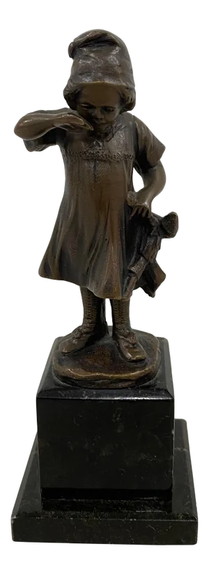 19th Century Miniature Bronze Sculpture of a Young Girl Holding a Doll