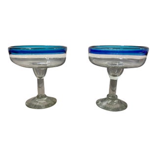 Pair of Blue‑Rim Margarita Glasses For Sale