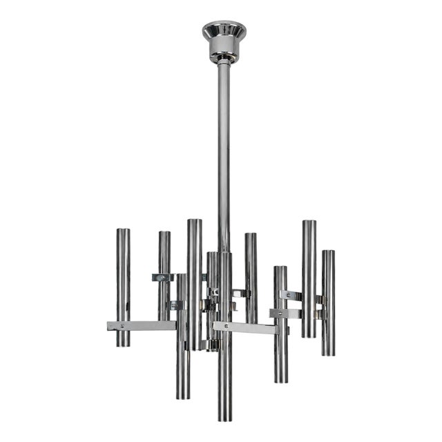 Gaetano Sciolari Chrome Tubular Chandelier. Italy, 1970's. For Sale