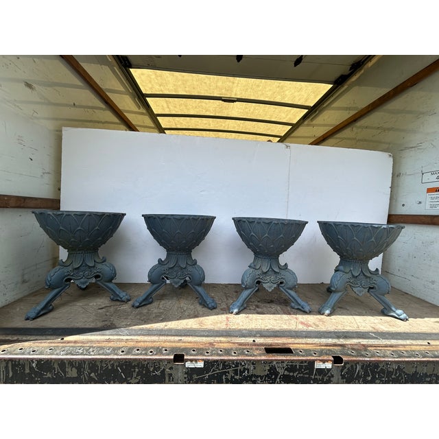 Spectacular set of 4 antique slate grey cast iron garden urns, beautiful indoors or outside, having lovely acanthus leaves...