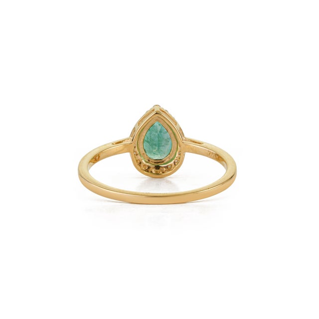 18k Gold Natural Pear Cut Emerald and Diamond Halo Engagement Ring Size 4 For Sale - Image 10 of 17