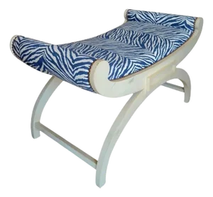 Vintage Lexington Curved Blue White Zebra Upholstered Nail Head Bench