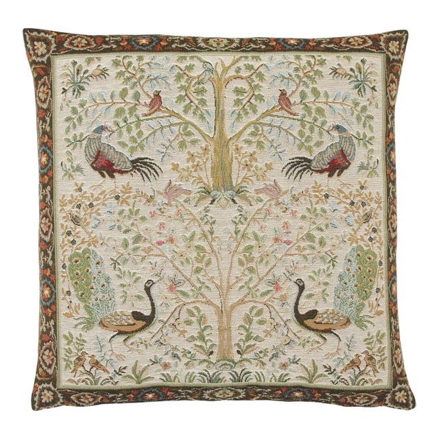Birds & Trees Cream Tapestry Cushion With Feather Filler - 46x46cm (18"x18") For Sale