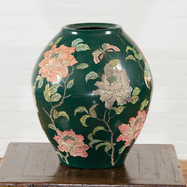 Chinese Vintage Chinese Handcrafted Green Vase with Incised Floral and Butterfly Decor For Sale - Image 3 of 11