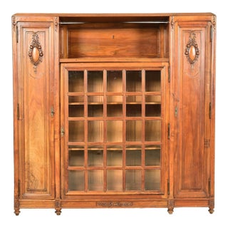 Louis Majorelle Style Antique French Art Nouveau Carved Burled Walnut Bibliotheque Bookcase Cabinet, Circa 1900 For Sale