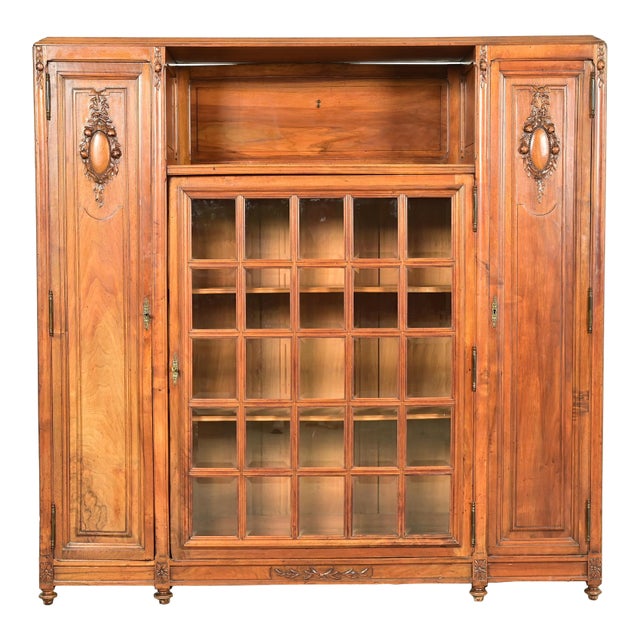 Louis Majorelle Style Antique French Art Nouveau Carved Burled Walnut Bibliotheque Bookcase Cabinet, Circa 1900 For Sale