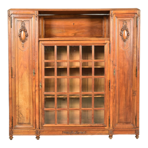 Louis Majorelle Style Antique French Art Nouveau Carved Burled Walnut Bibliotheque Bookcase Cabinet, Circa 1900