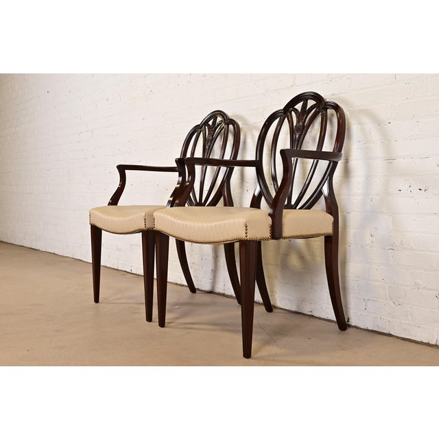 English Baker Furniture Style Georgian Carved Mahogany Shield Back Armchairs, Pair For Sale - Image 3 of 12