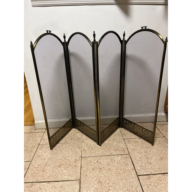 Mid 20th Century Vintage MCM Four Panel Arch Fireplace Screen Metal Accents For Sale - Image 5 of 8