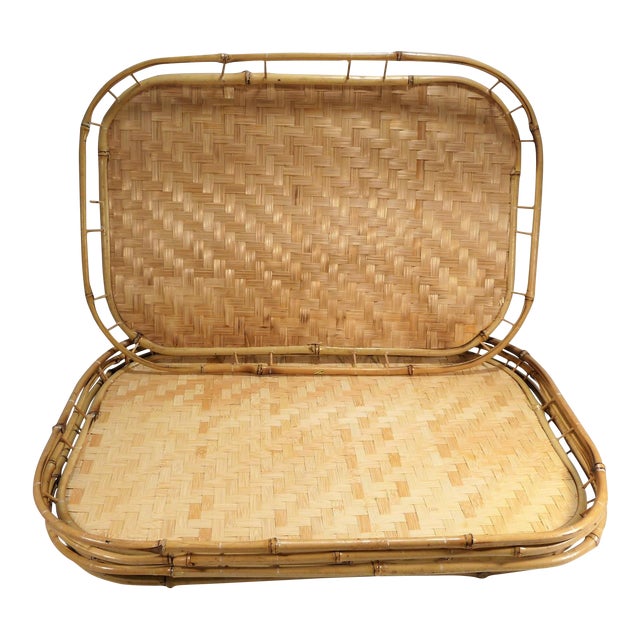 Boho MidCentury Bamboo Woven Wicker Serving Trays Set of 4 Chairish