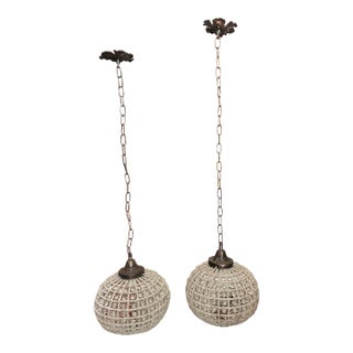 Pair of 1970s Round Hollywood Regency Crystal and Bronze Pendant For Sale