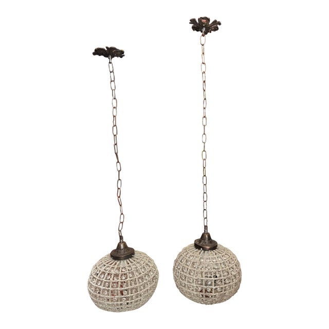 Pair of 1970s Round Hollywood Regency Crystal and Bronze Pendant For Sale