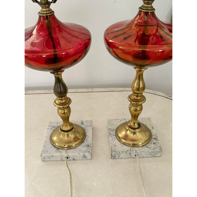 Metal 1960s Mid Century Modern Cranberry Glass and Brass Lamps on Marble Bases, a Pair For Sale - Image 7 of 8