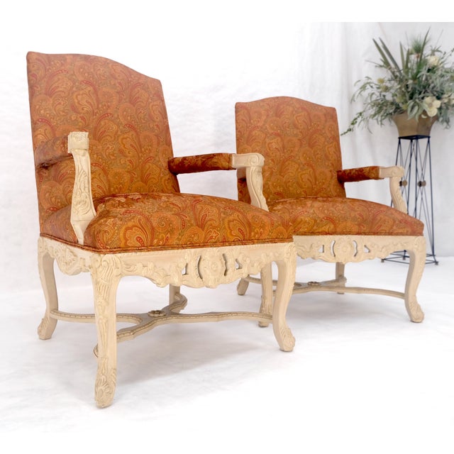 Pair of Fine Carved White Lacquer Rouge Floral Upholstery Arm Club Chairs MINT For Sale - Image 12 of 13