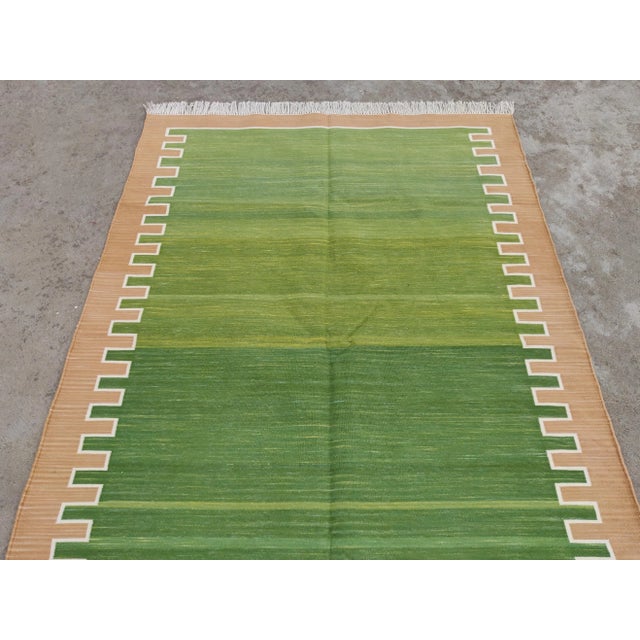 Handmade Cotton Rug, Green with Light Tan Geometric Border and Cream Fringe - 4'x6' For Sale - Image 6 of 9