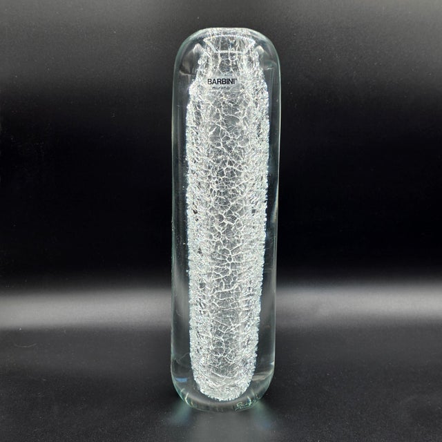Mid 20th Century Alfredo Barbini Signed Murano Crackle Glass Vase With Label For Sale In Los Angeles - Image 6 of 10