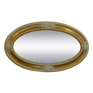 Italian Oval Wall Mirror with Gold Leaf Finish and Capodimonte Porcelain Flowers from Giulio Tucci, 2008 For Sale