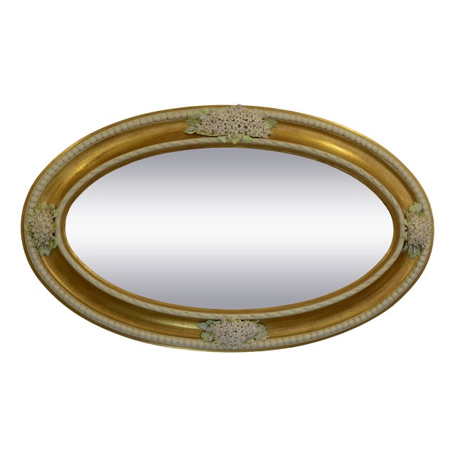 Italian Oval Wall Mirror with Gold Leaf Finish and Capodimonte Porcelain Flowers from Giulio Tucci, 2008 For Sale