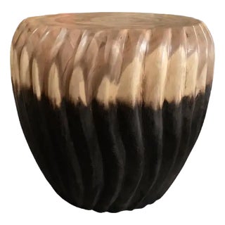 Sculptural Side Table Solid Mango Wood, Carved Ribbed Detailing Modern Organic For Sale