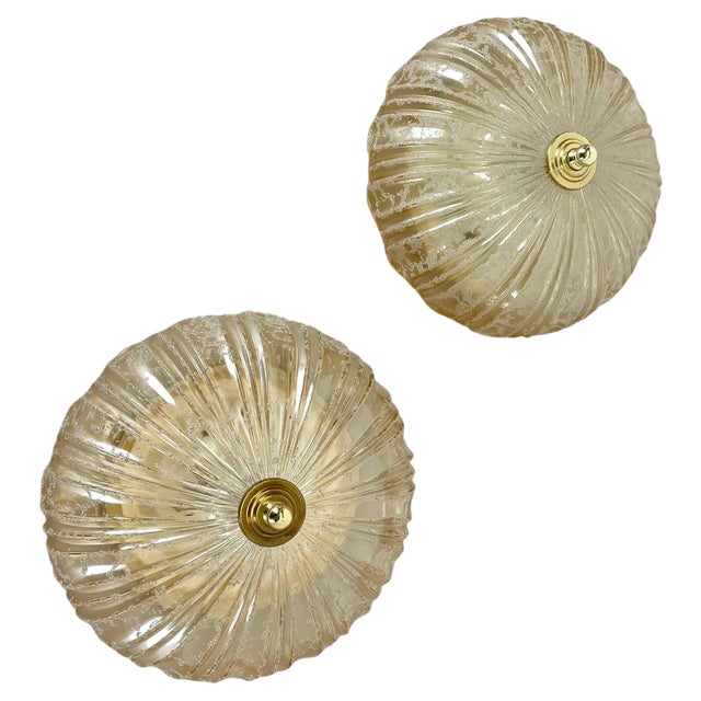 German Textured Amber Glass Wall Lights, 1970s, Set of 2 For Sale