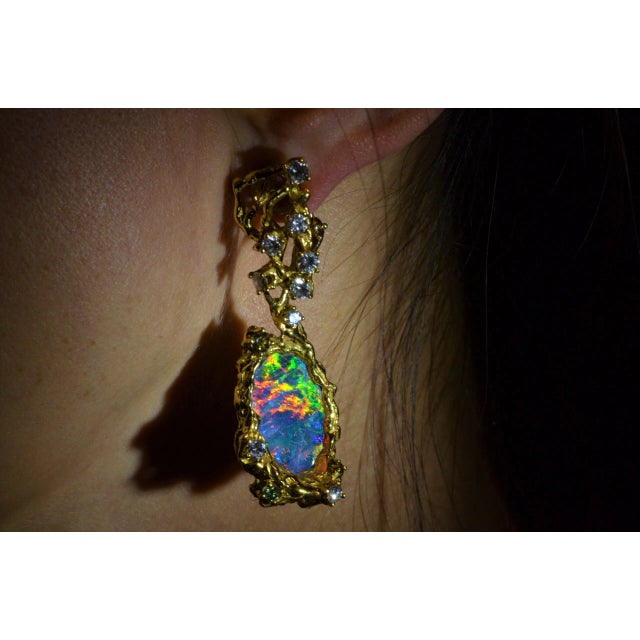 1960s The Stella: Arthur King Ear Pendants Set with Opal and Diamonds and Fancy Colored Diamonds, 2 Pieces For Sale - Image 4 of 6