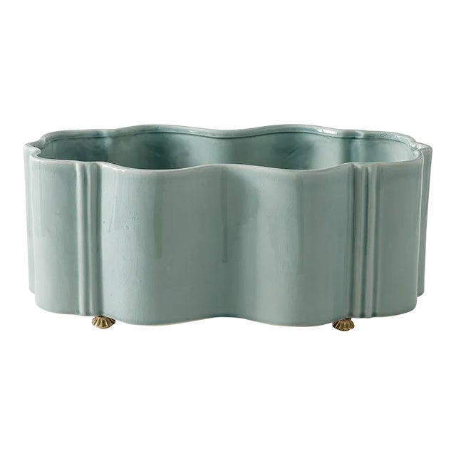 Tuscan Scallop Planter with Brass Feet - Celadon For Sale