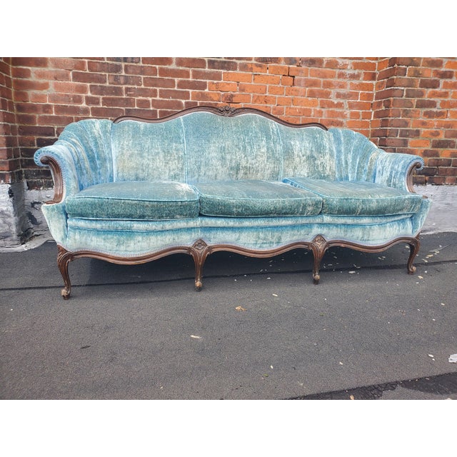 Victorian Antique Carved Wood Blue Velvet Sofa | Chairish