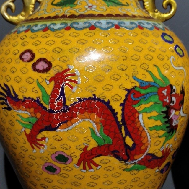 Chinoiserie Pair of Monumental Chinese Yellow Cloisonné Dragon & Phoenix Vases - 24.7 LBS Total For Sale - Image 3 of 10