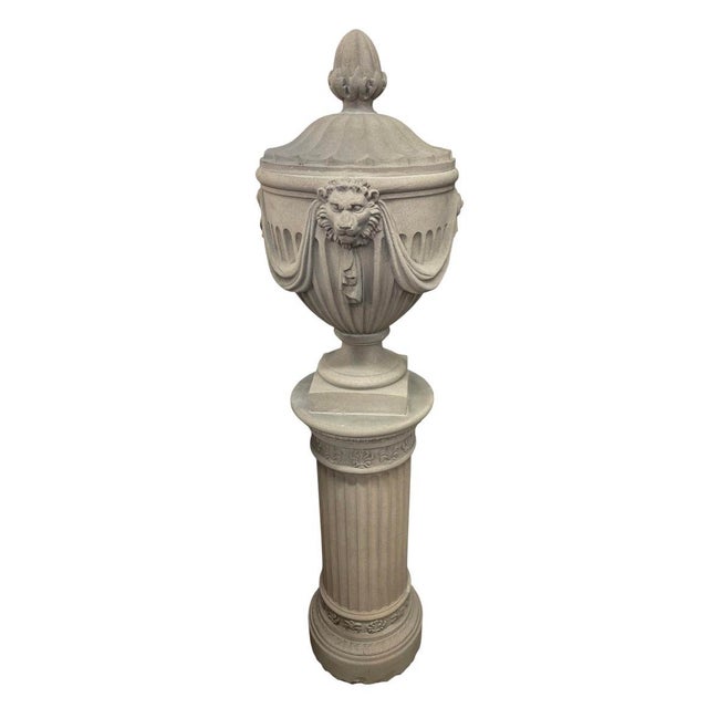 Pair of Neo-Classical Style Cast Stone Garden Urns and Pedestals For Sale - Image 9 of 12