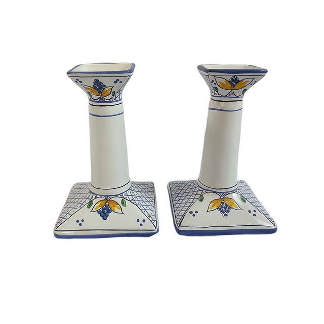 Vintage Tiffany & Co. Hand-Painted Portuguese Blue and White Candlesticks - A Pair For Sale In Houston - Image 6 of 7