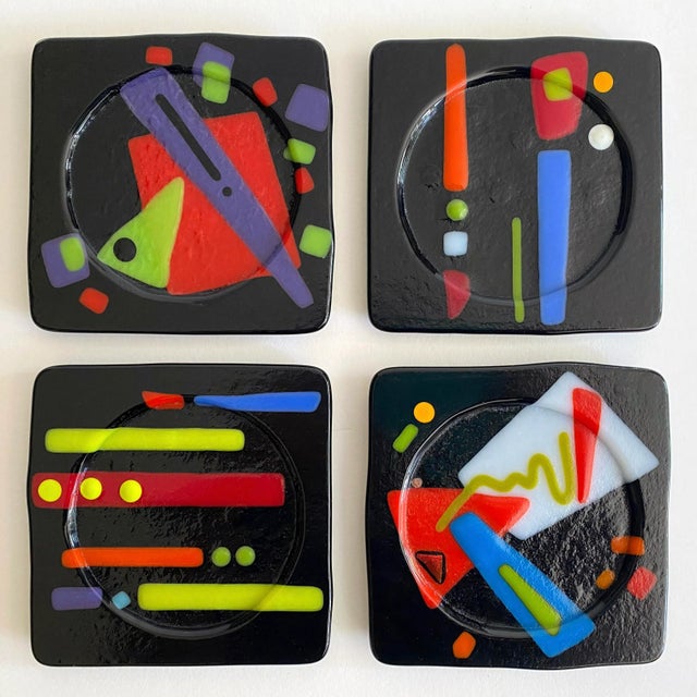 Vintage 1980's Postmodern Studio Fused Art Glass Multicolor Abstract Coasters - Set of 4 For Sale - Image 12 of 12