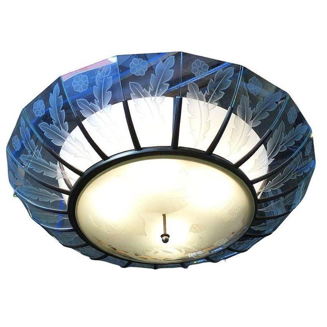 Mid-Century Modern 1940s Mid-Century Modern Tropical Etched Slat Glass Bronze Chandelier For Sale - Image 3 of 10