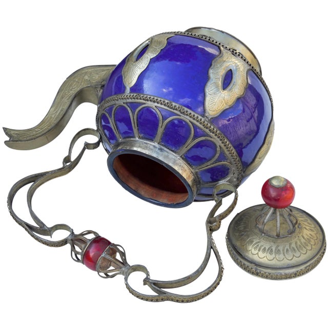 Mid 20th Century Vintage Moroccan Blue Ceramic Kettle With Silver Engravings For Sale - Image 5 of 8