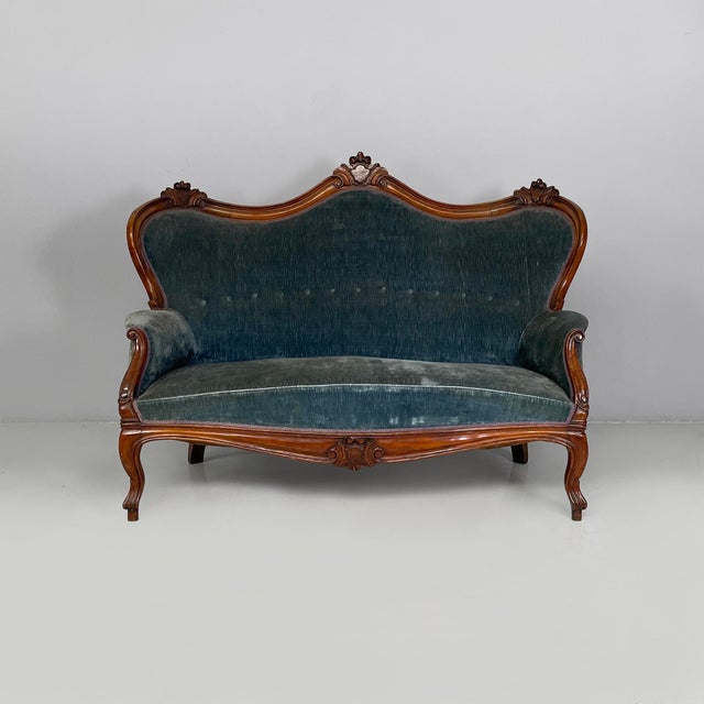 Italian Louis XVI style sofa in light blue velvet and wood, 1930s Two-seater sofa with seat, back, and armrests, padded...