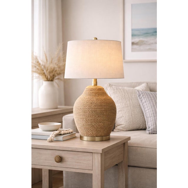 Textile Coastal Rope Wrapped Table Lamp With Linen Shade – Organic Modern Texture For Sale - Image 7 of 7