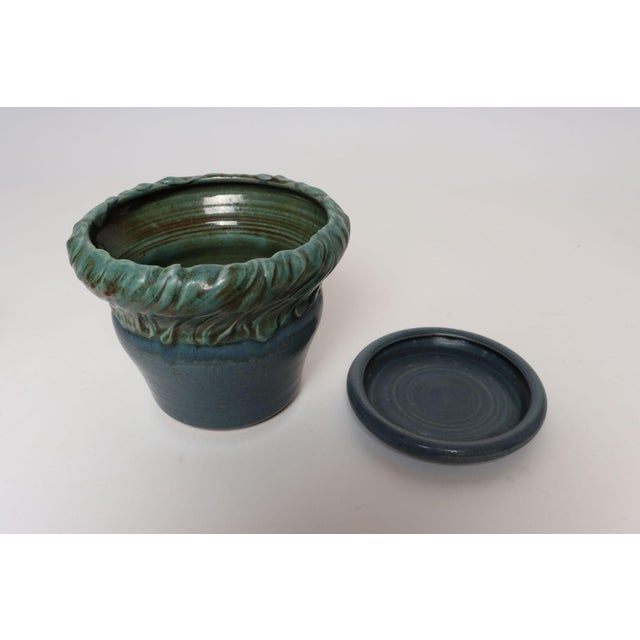 Mid-Century Modern Vintage Green and Blue Incised Ceramic Planter With Saucer by Deanna Nichols For Sale - Image 3 of 18