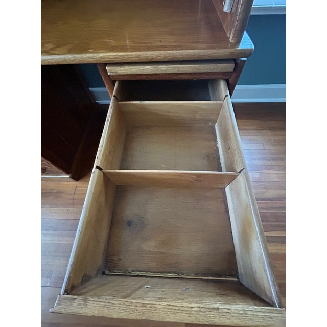 Rare Antique Oak S-Curve Roll Top Desk by Myrtle Desk With Vintage Pioneer Manufacturing Oak Desk Chair For Sale - Image 15 of 18