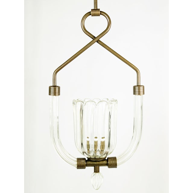 Brass and Clear Murano Glass Pendant Light attributed to Barovier & Toso For Sale - Image 9 of 13