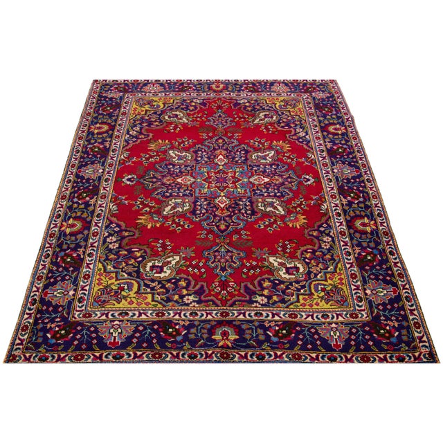 Persian 1960s Vintage Persian Tabriz Handmade Medallion Navy Blue Wool Rug For Sale - Image 3 of 7