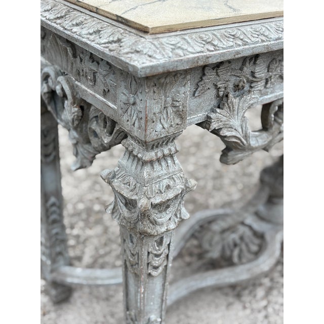 Louis XIV Style Painted Carved Faux Marble Top Console Table, 1920 For Sale - Image 9 of 13