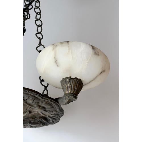 Antique Renaissance Revival Bronze and Alabaster Chandelier with Serpent Details, 1900 For Sale - Image 11 of 18