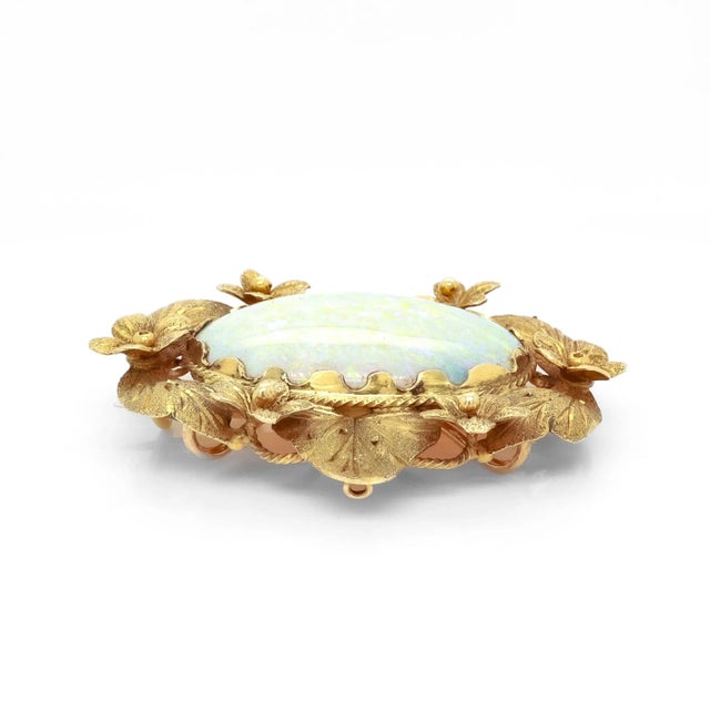 Gold Vintage 14k Gold and Opal Cabochon Floral Brooch For Sale - Image 8 of 12
