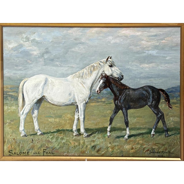 English 1936 “Salome and Foal” English Equestrian Horse Painting Oil on Canvas Board by Imogen Muntz For Sale - Image 3 of 9